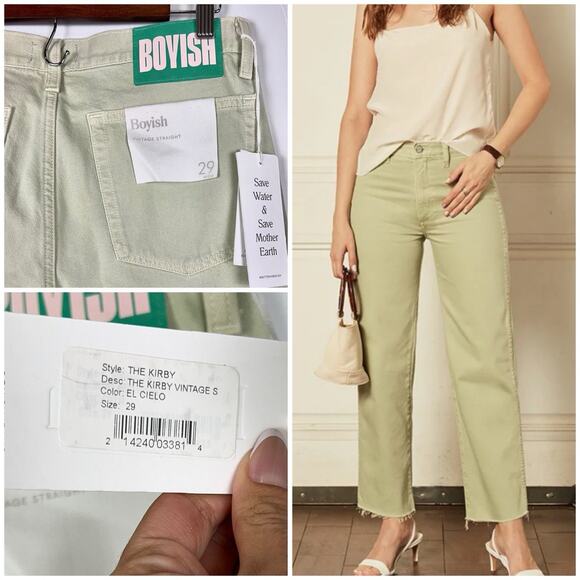 Boyish The Kirby High Rise Straight Jeans in El Cielo Green Crop Raw Hem 29 - Picture 7 of 12